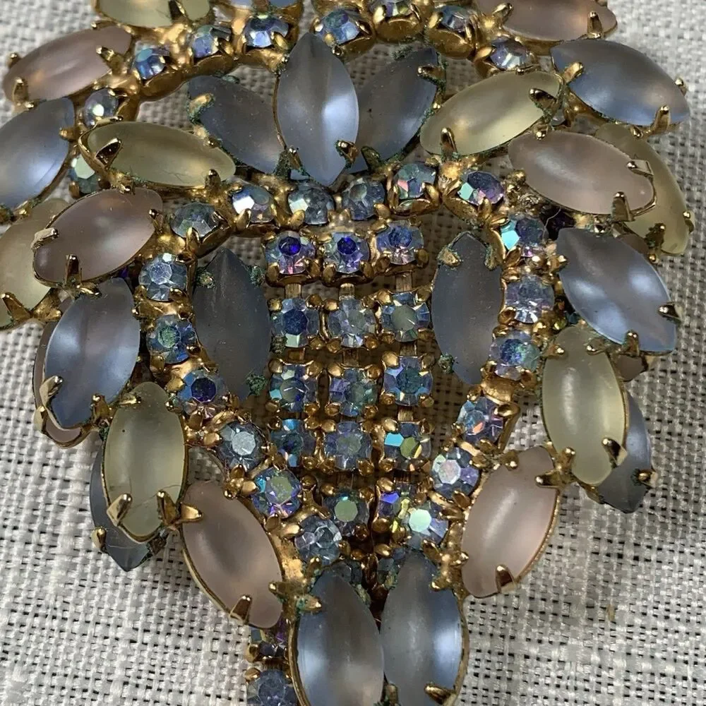 Vintage Brooch Frosted Pastel Navette AB Rhinestones Statement Layered